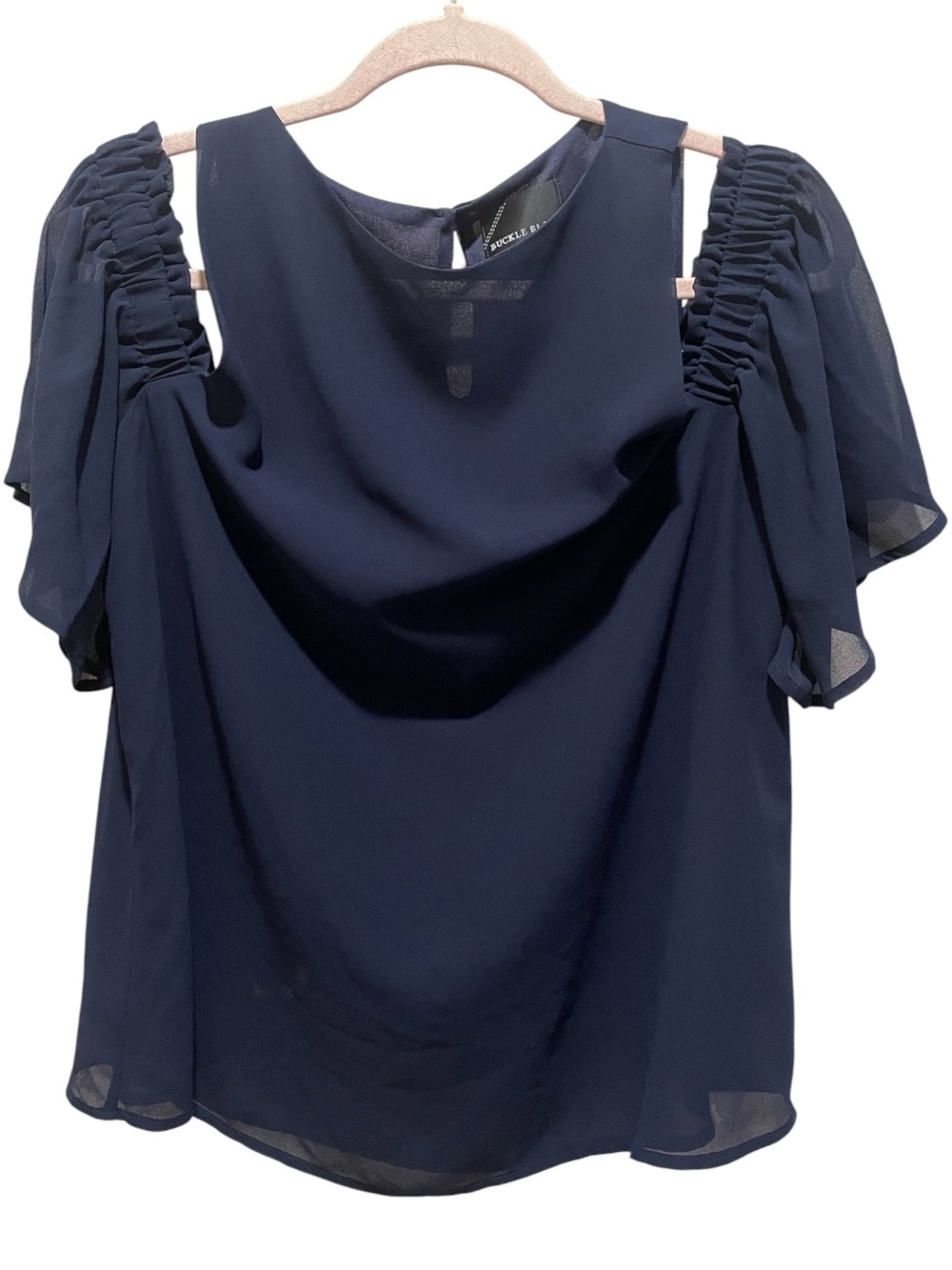 Navy blue Buckle Black cold shoulder top. Size L.